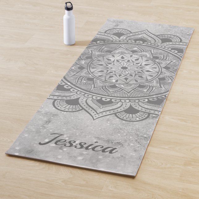 Tapis De Yoga Nom Parties scintillant gris marbre Mandala Om Exe (En situation)