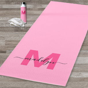 Tapis De Yoga Nom personnalisé en monogramme rose vif pour fille
