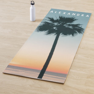 Tapis De Yoga Nom tropical Coucher de soleil Turquoise Orange Pa