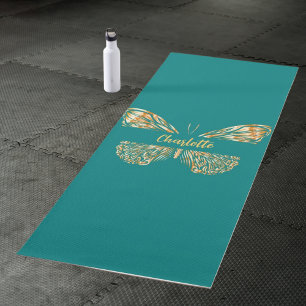 Tapis De Yoga Nom turquoise du papillon en or vert