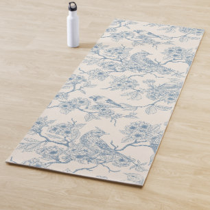 Tapis De Yoga Oiseaux et fleurs de cerisier en bleu et blanc cas
