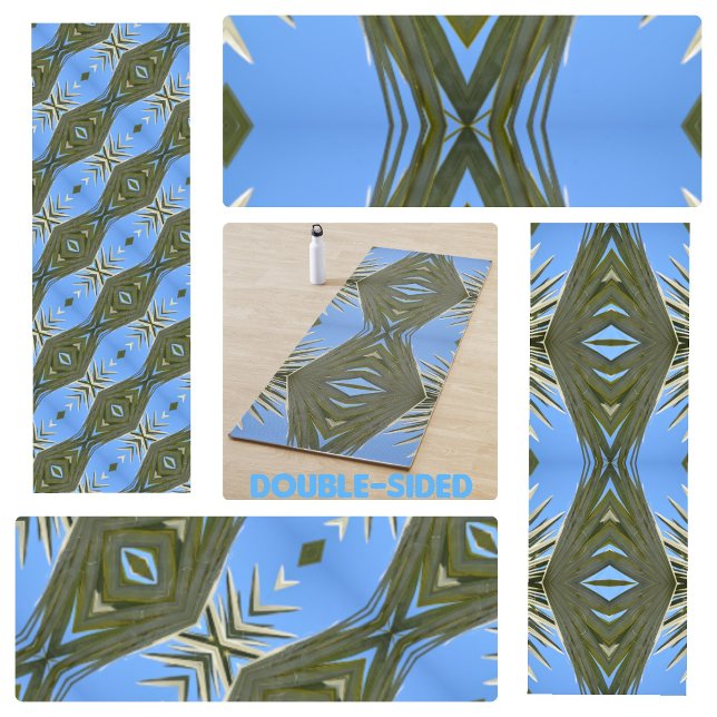 Tapis De Yoga Olive Green et Sky Blue Palm Fronds Boho Chic (Créateur téléchargé)