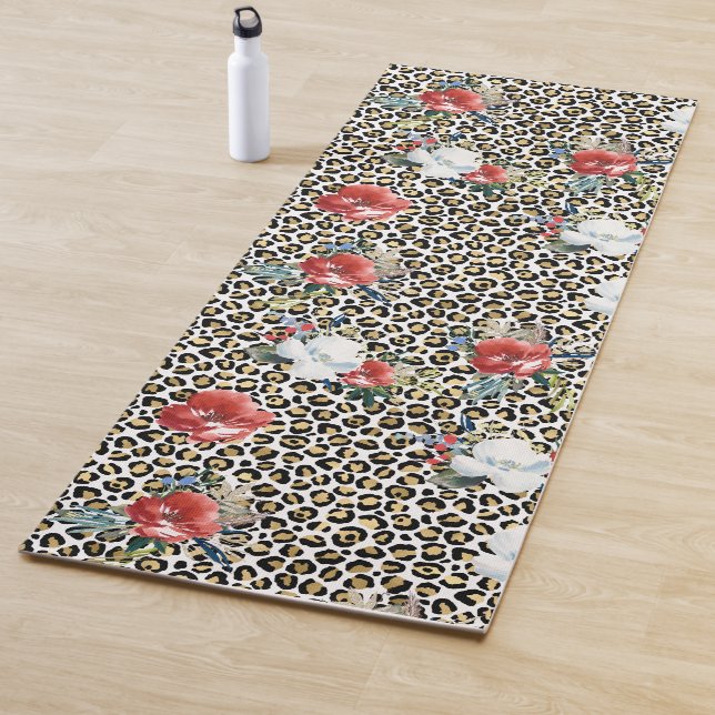Tapis De Yoga Or Empreinte de léopard Rouge Blanc Floral (En situation)