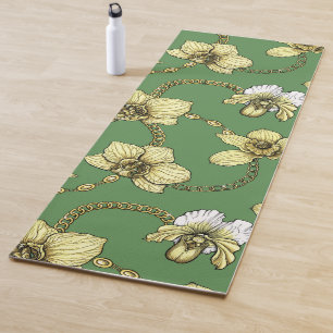 Tapis De Yoga Orchidées et chaînes, jaune et vert kelly