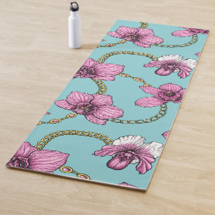 Tapis De Yoga Orchidées et chaînes, roses et bleues