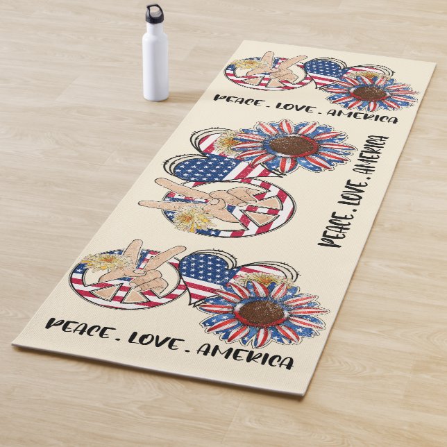 Tapis De Yoga Paix, Amour & Amérique - Tournesol patriotique (En situation)