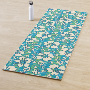 Tapis De Yoga Palaka Pareau Hawaïen à carreaux Hibiscus - Turquo