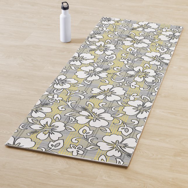 Tapis De Yoga Palaka Pareau Hawaiian Check Hibiscus - Gray (En situation)