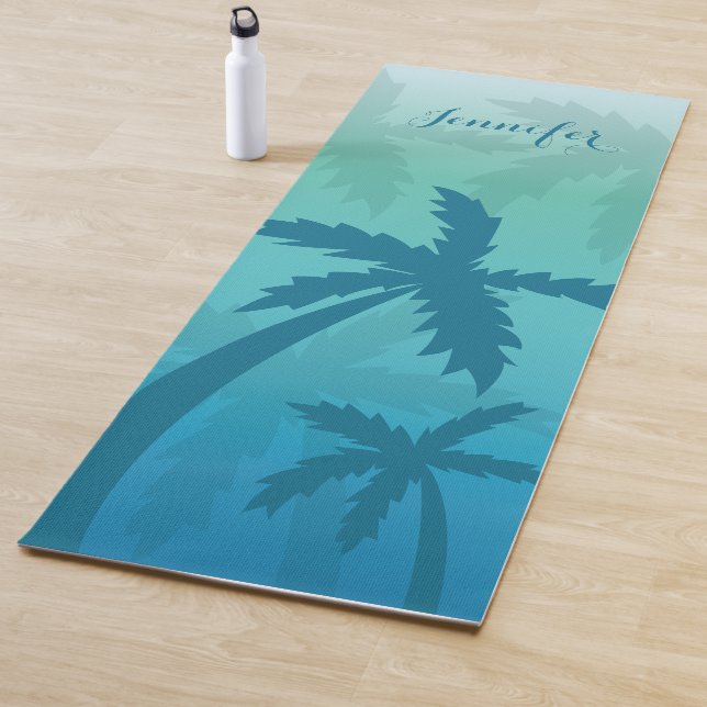 Tapis De Yoga Palmiers Bleus Tropical Avec Nom Personnalisé (En situation)