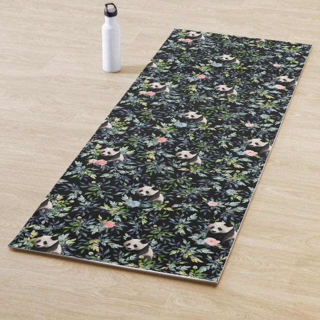 Tapis De Yoga Panda floral Motif avec Roses rose et bleu (En situation)
