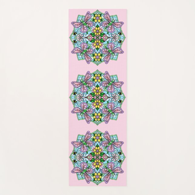 Tapis De Yoga Papillon rose et bleu floral Mandala (Devant)