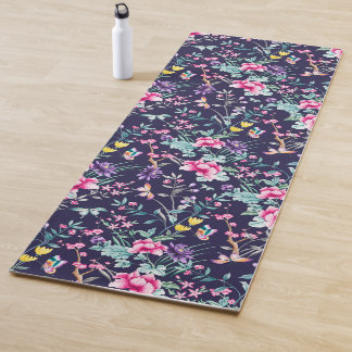 Tapis De Yoga papillons de la Chinoiserie, fleurs d'oiseaux bleu