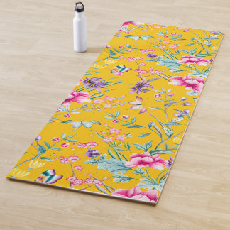 Tapis De Yoga Papillons de la Chinoiserie, fleurs d'oiseaux jaun