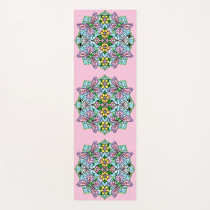 Tapis De Yoga Papillons et fleurs rose et bleu Mandala