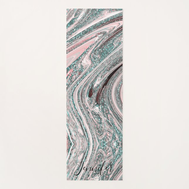 Tapis De Yoga Parties scintillant en marbre bleu et or perce Nom (Devant)