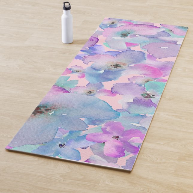 Tapis De Yoga *~* Pastel Bleu Rose Fleurs à motifs floraux (En situation)