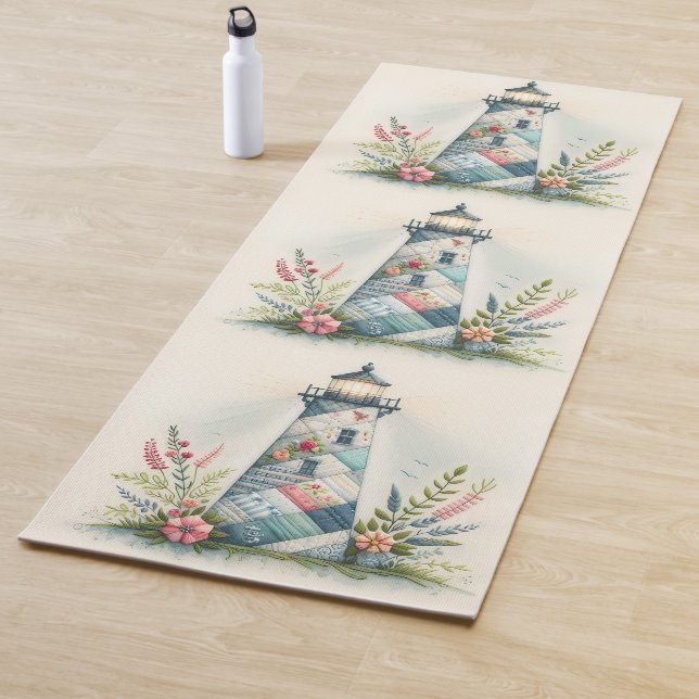 Tapis De Yoga Patchwork Lighthouse Coastal Floral Scene (En situation)