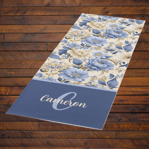 Tapis De Yoga Paysage Fleuris Bleu de Style Campagnard Français