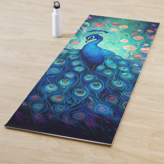 Tapis De Yoga Peacock - Plumes d'Aqua Vert Bleu & Fleurs Roses