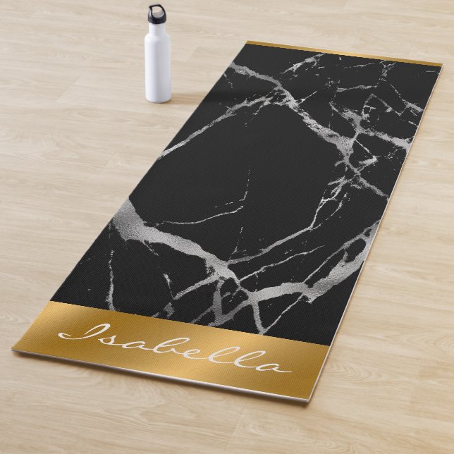 Tapis De Yoga Personnaliser de luxe en marbre noir argent (En situation)