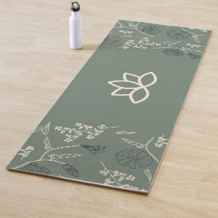 Tapis De Yoga Personnaliser Logo Sage Green Lotus Motif botaniqu