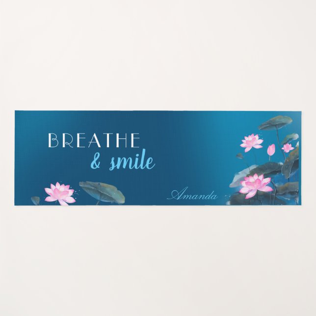 Tapis De Yoga Pink Lotus Floral Mindfult Ajouter Nom Bleu foncé  (Devant (Horizontal))