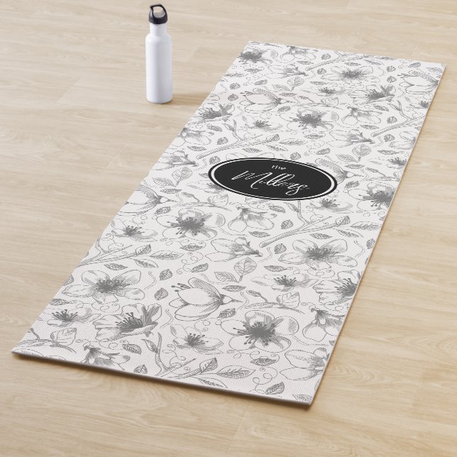 Tapis De Yoga Plan floral esquissé Motif gris/Wht ID939 (En situation)