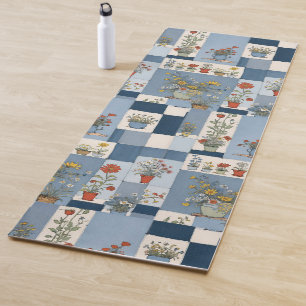 Tapis De Yoga Pots Plantes et Fleurs sauvages Retro Denim Patchw