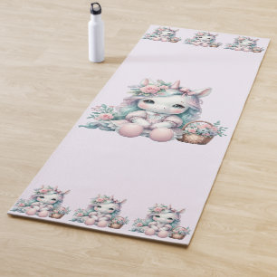 Tapis De Yoga Poupée Licorne Kawaii Pastel avec Panier de Fleurs