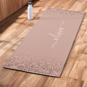 Tapis De Yoga Rose Gold - Pailleté Rose Blush Monogramme Nom Fém