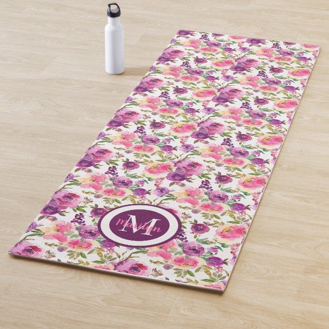 Tapis De Yoga Rose violet Roses Aquarelle Fleur Floral (En situation)