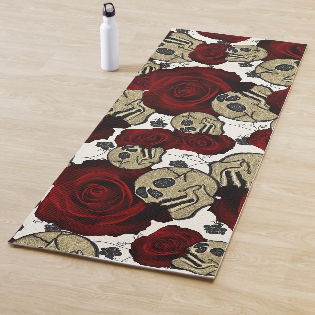 Tapis De Yoga Roses et crânes rouges Noir Floral Blanc gothique (En situation)