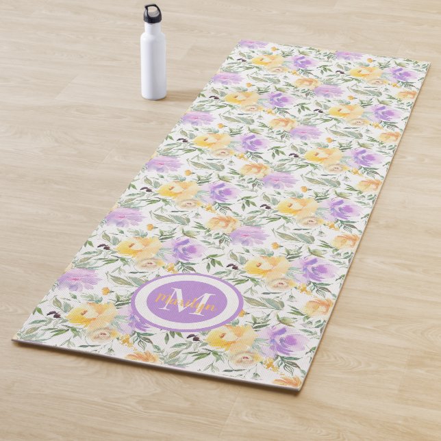 Tapis De Yoga Roses Jaunes Violet Aquarelle Fleur Floral (En situation)