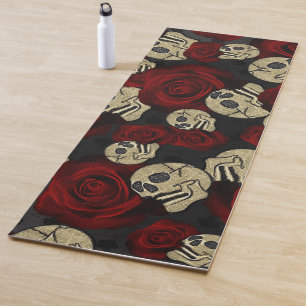 Tapis De Yoga Roses rouges et crânes gris noir floral gothique