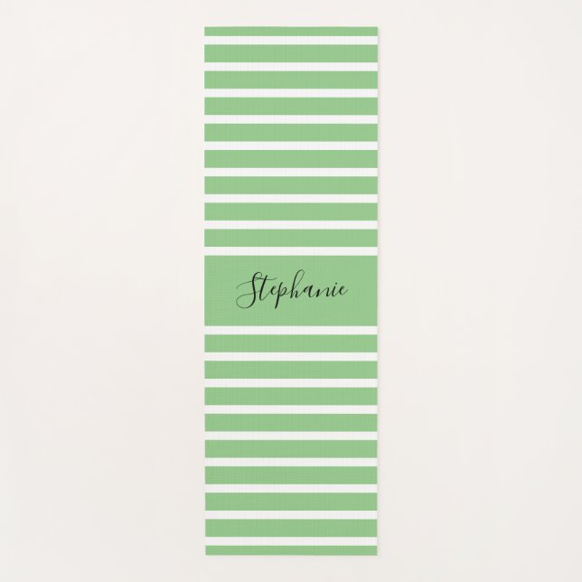 Tapis De Yoga Sage Green White Stripes Motif Custom Name Cadeau (Devant)