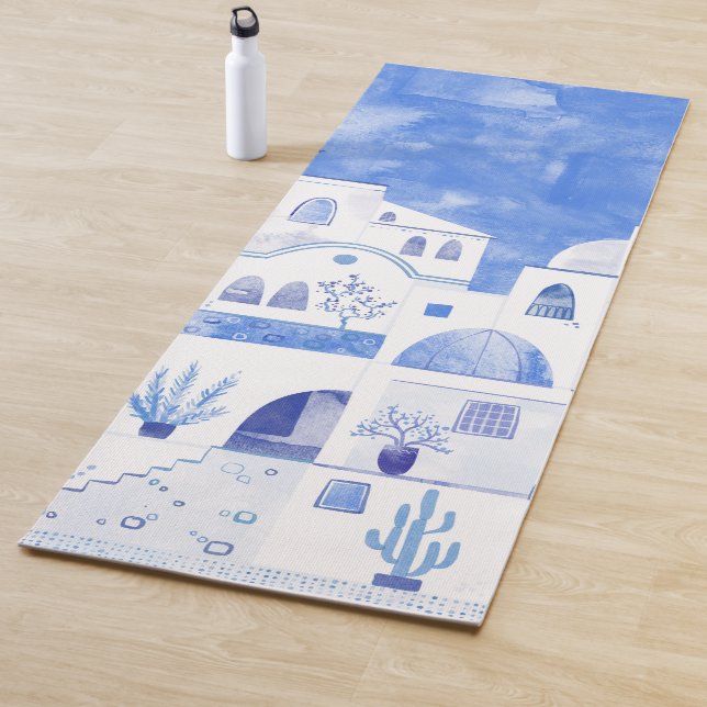 Tapis De Yoga Santorin Oia Ile grecque Aquarelle Townscape (En situation)