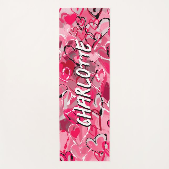 Tapis De Yoga Sérénité rose : Graffiti joués Coeurs d'amour (Devant)