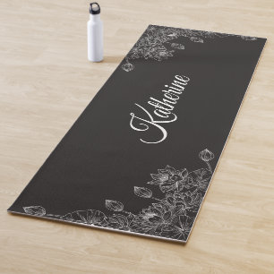 Tapis De Yoga Simple Moderne Floral Script Nom Gris Lotus