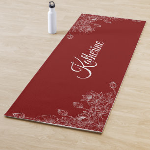 Tapis De Yoga Simple Moderne Floral Script Nom Lotus Bordeaux 