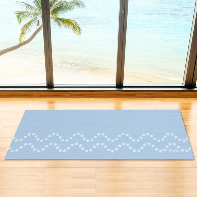Tapis De Yoga Soft Blue Minimal Dotted Wavy Lines With Initials (Disclaimer: This image is a digital mockup.)