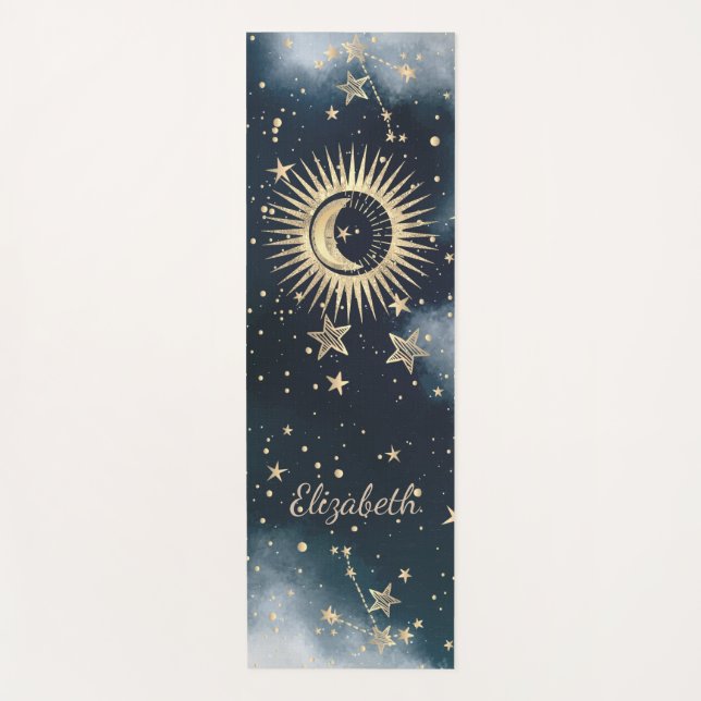 Tapis De Yoga Soleil d'or céleste, Lune, Ciel nocturne étoilé (Devant)