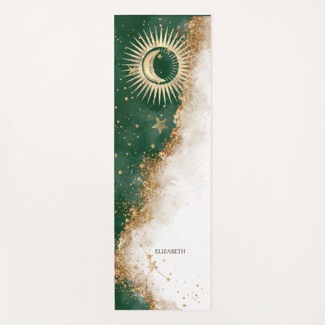 Tapis De Yoga Soleil Or Céleste Et Étoiles Lune Vert (Devant)