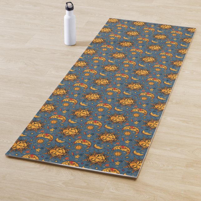 Tapis De Yoga Stylisé Main Tirée Boho Sun Moon Stars Bleu (En situation)