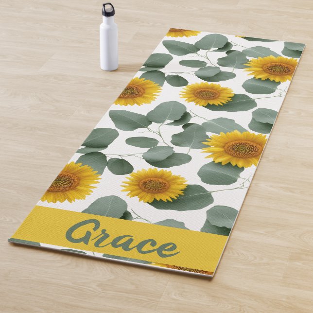 Tapis De Yoga Sunflowers with Eucalyptus Leaves Pattern Custom (En situation)