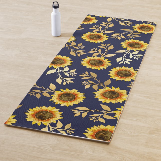 Tapis De Yoga Sunny Yellow Gold Navy Feuille Motif (En situation)