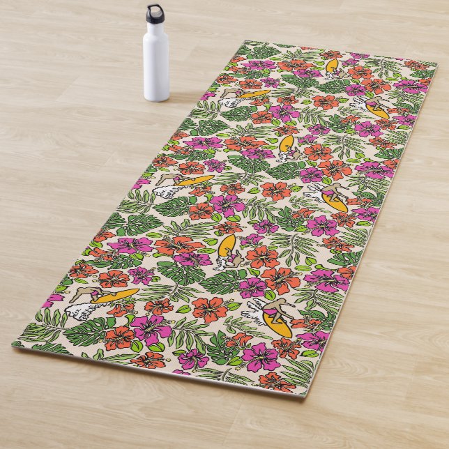 Tapis De Yoga Surf Pareau Hawaiian Hibiscus Surfing - Fuchsia  (En situation)