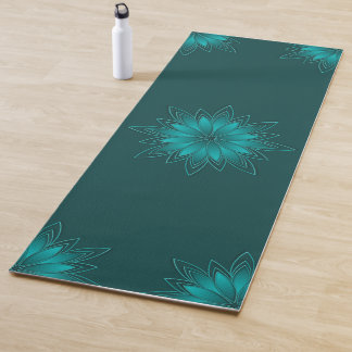Tapis De Yoga Teal Leaf Mandala Design on Dark Cyan