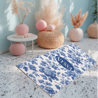 Tapis De Yoga Toile de Jouy Florale Classique Vintage Bleue Grav
