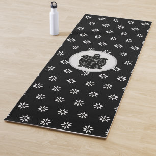 Tapis De Yoga Tortue noire élégante avec fleurs blanches sur fon