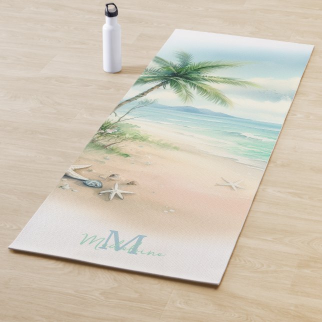 Tapis De Yoga Tropical Beach Sand Starfish Palm Nom Monogramme (En situation)